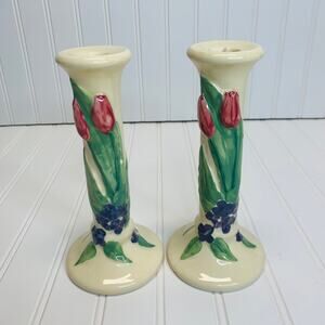 Vintage Treasure Craft Ceramic Candlesticks Cream Green Pink Blue Flowers 8"